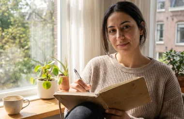 A woman journals by a sunlit window with coffee and houseplants, integrating insights between ketamine-assisted psychotherapy sessions in alexandria, va.