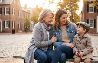 A grandmother, mother, and son share a laugh on a cobblestone street, reflecting on how ocd rituals can go unnoticed in alexandria, va.