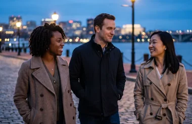 Three friends walk and laugh along the waterfront at dusk, illustrating how hyperarousal and dissociation can alternate with ptsd in alexandria, va.